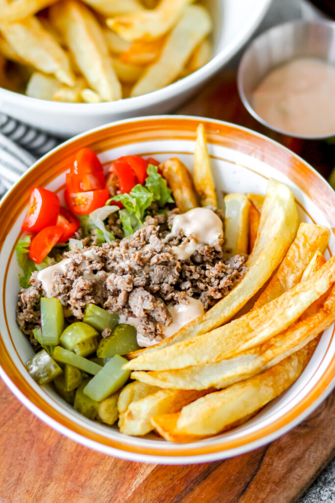 burger bowls with fries