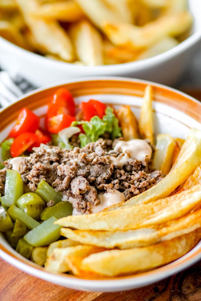 burger bowls with fries